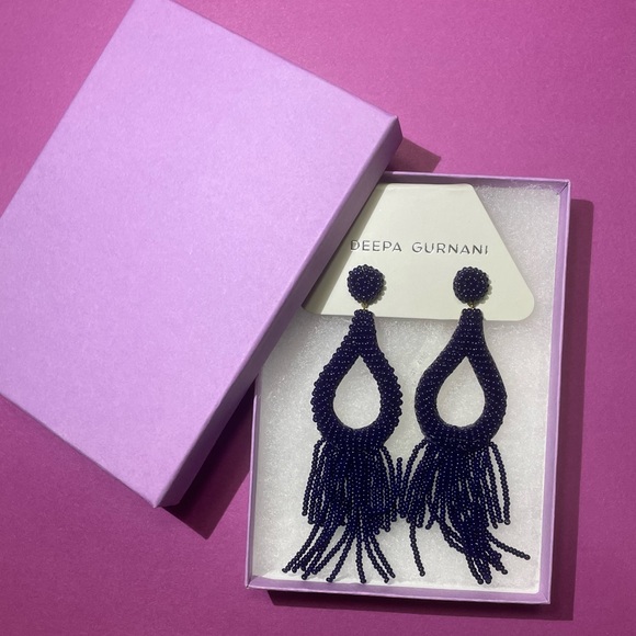 NWT Deepa Gurnani Anthropologie Beaded Fringe Chandelier Earrings Navy Blue - Picture 6 of 7
